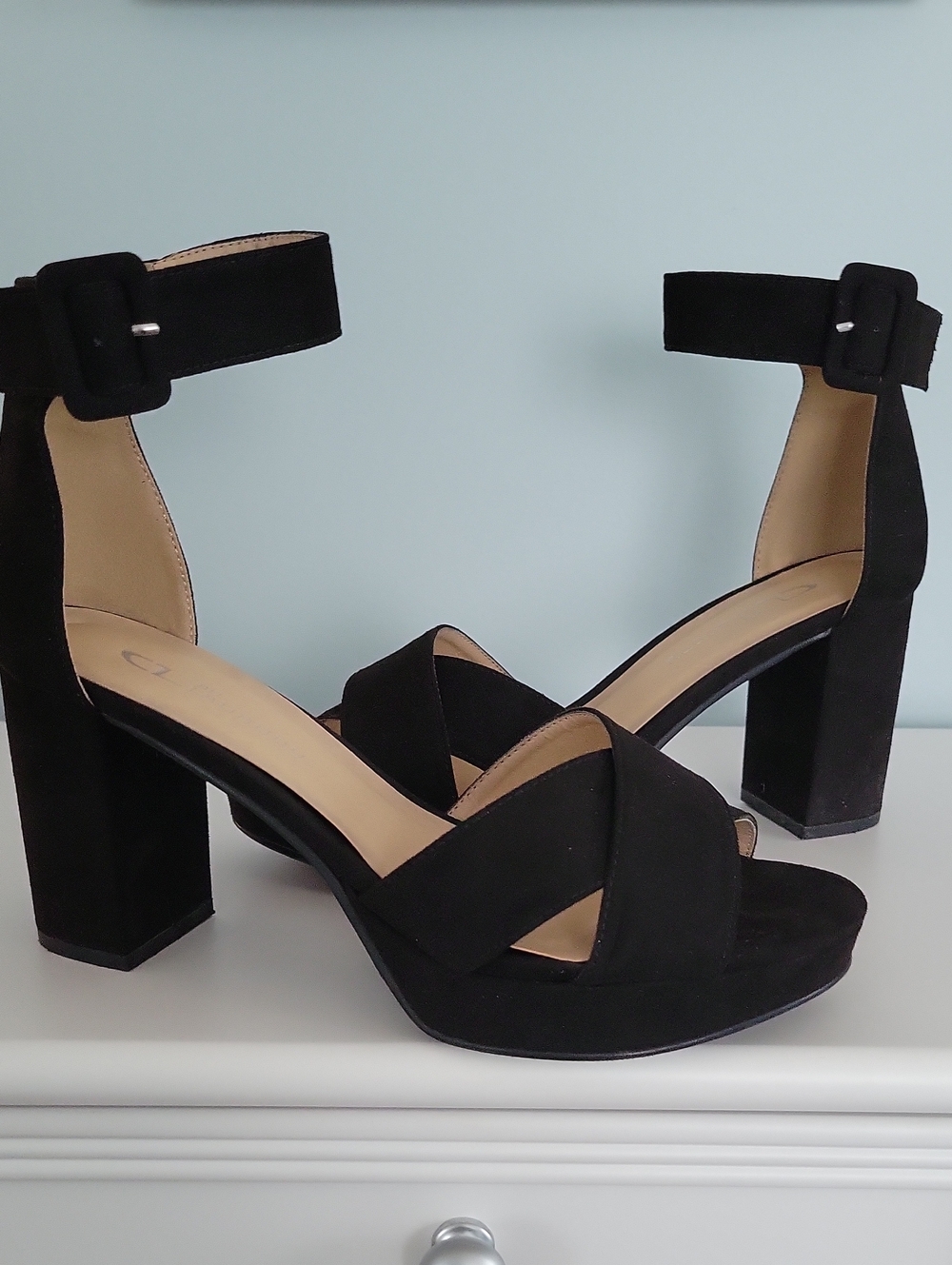 CL by Laundry Black Suede Crisscross Block Heel Sandals